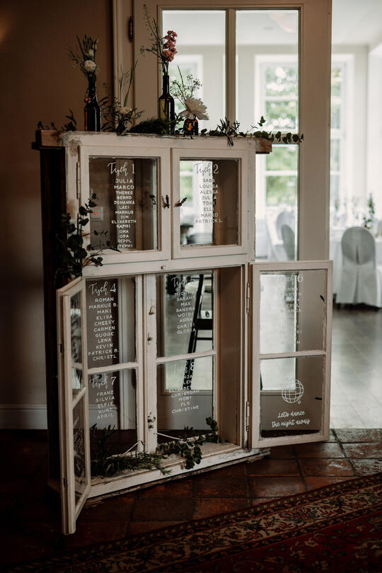 Das Bild zeigt einen Sitzplan einer Hochzeit, der auf ein altes Fenster gelettert wurde.